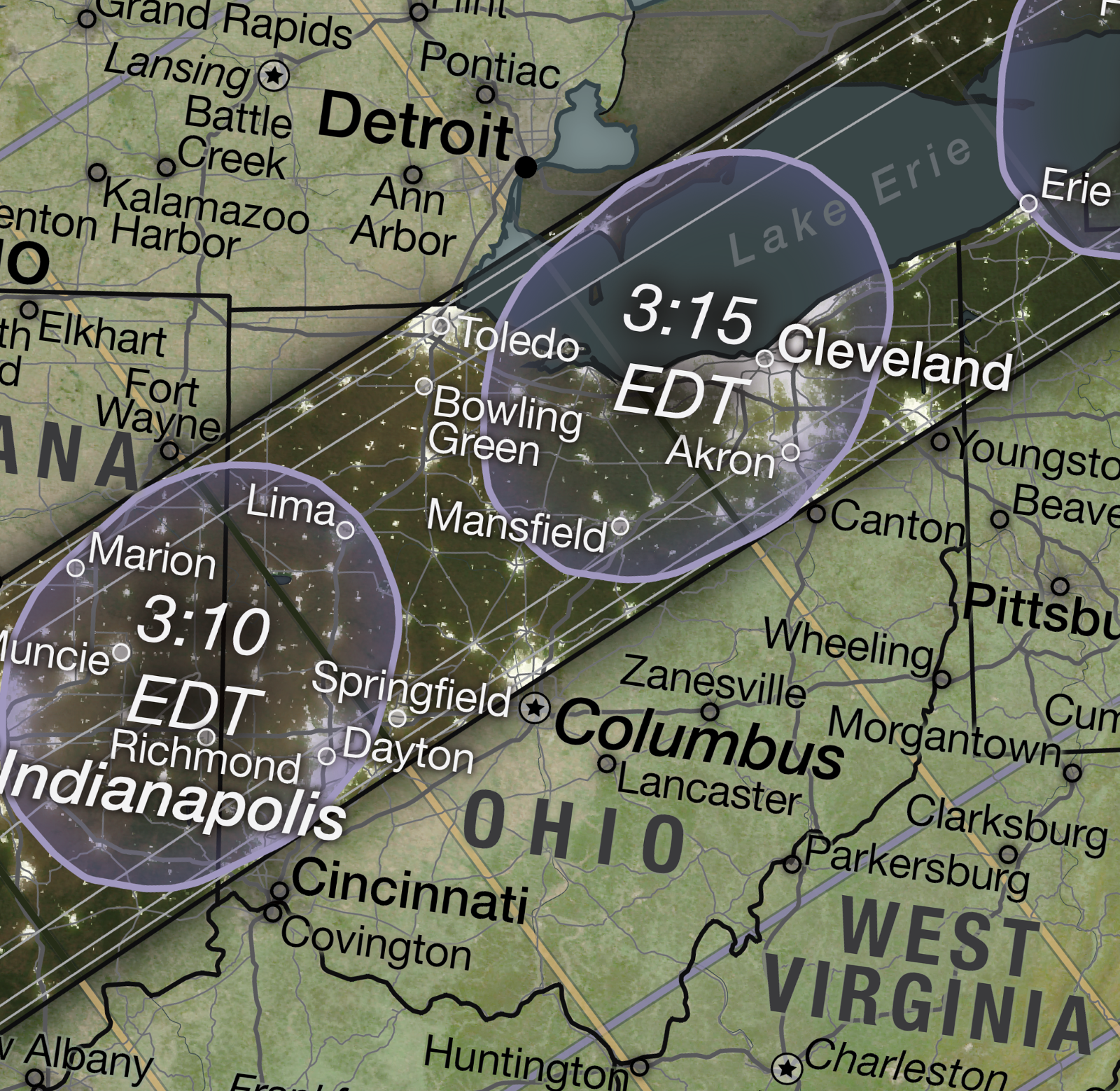 Illustrated map of Ohio and surrounding area; a dark band runs from the lower left to the upper right, representing the path of the moon’s shadow during the eclipse; oblong purple ovals within this band represent the moon’s shadow at particular times.