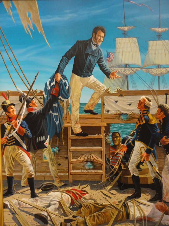 a portion of a mural with Commodore Perry on a ship holding a Dont Give Up the Ship flag, sails of another ship are behind him