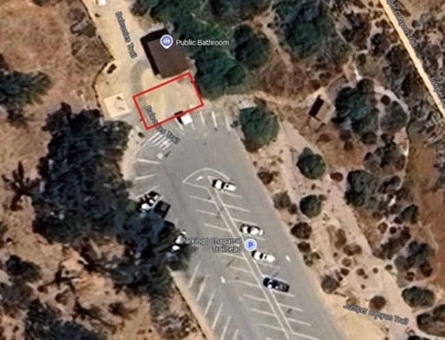 Aerial Map of West Side Chapparal Picnic Area- South of restroom to edge of Chapparal Parking Lot, between picnic area path and brush line to the east.
