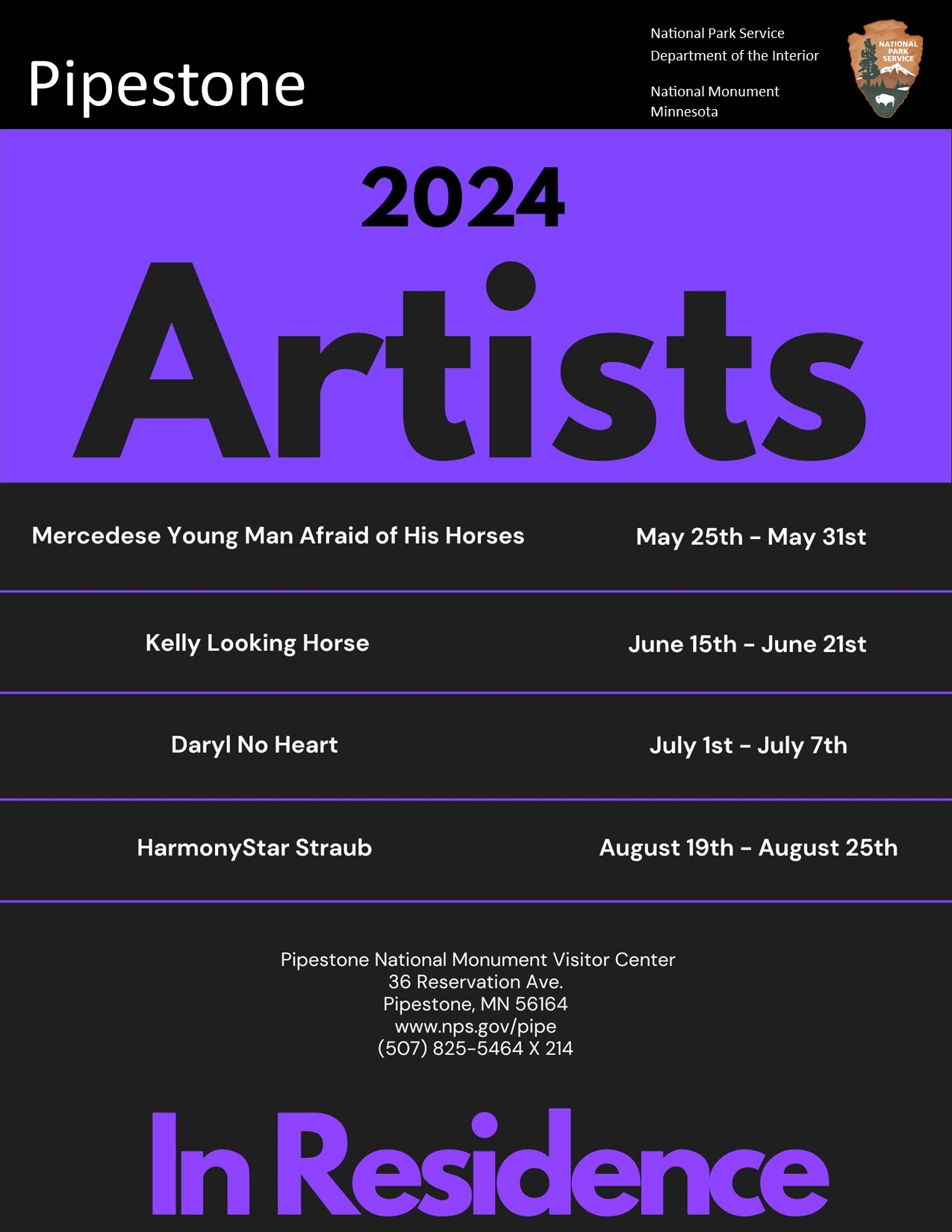 Purple and black flyer that list artists throughout the summer