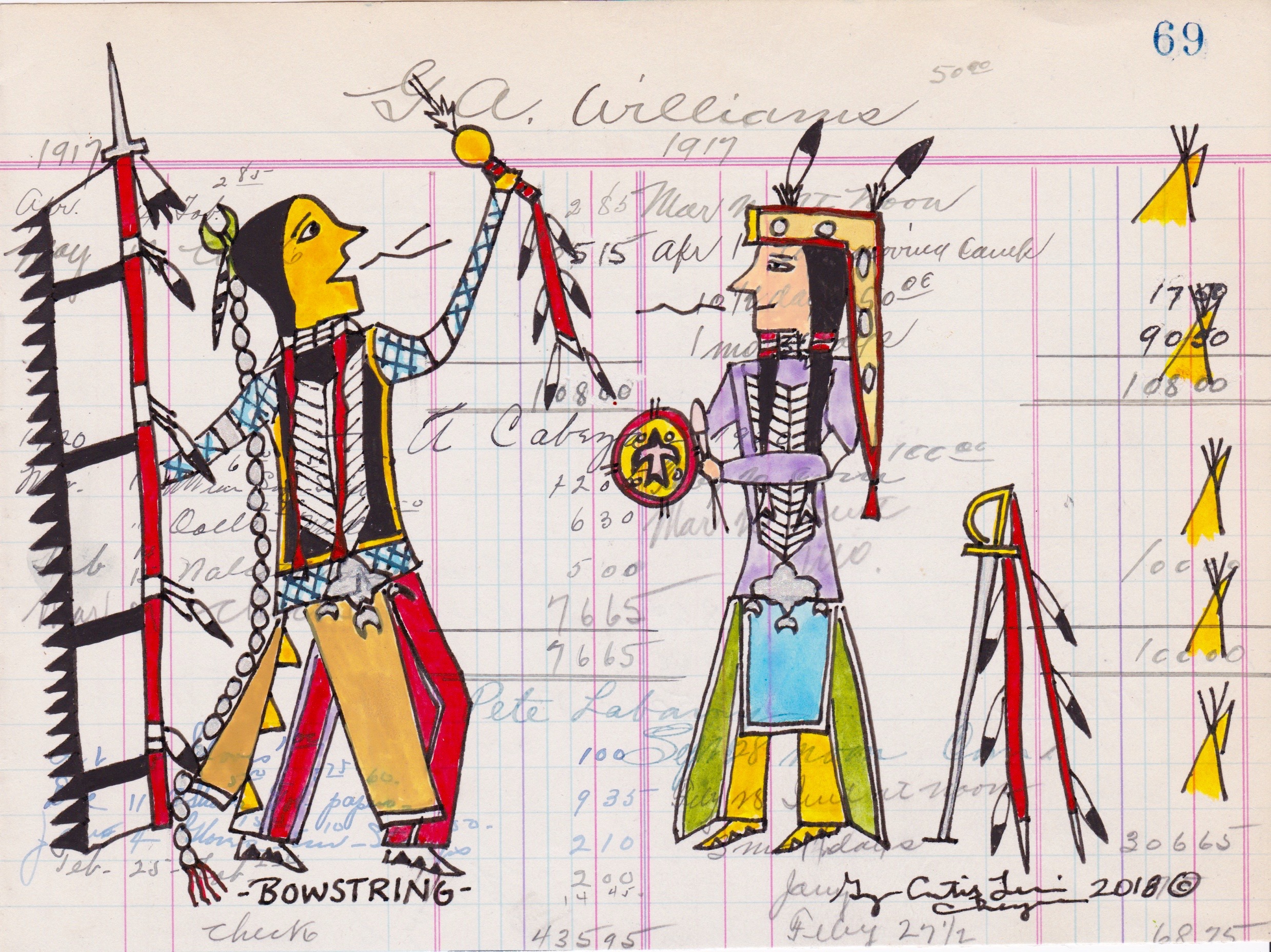George Levi's Ledger Art Colorful drawings of Native Americans on antique ledger paper