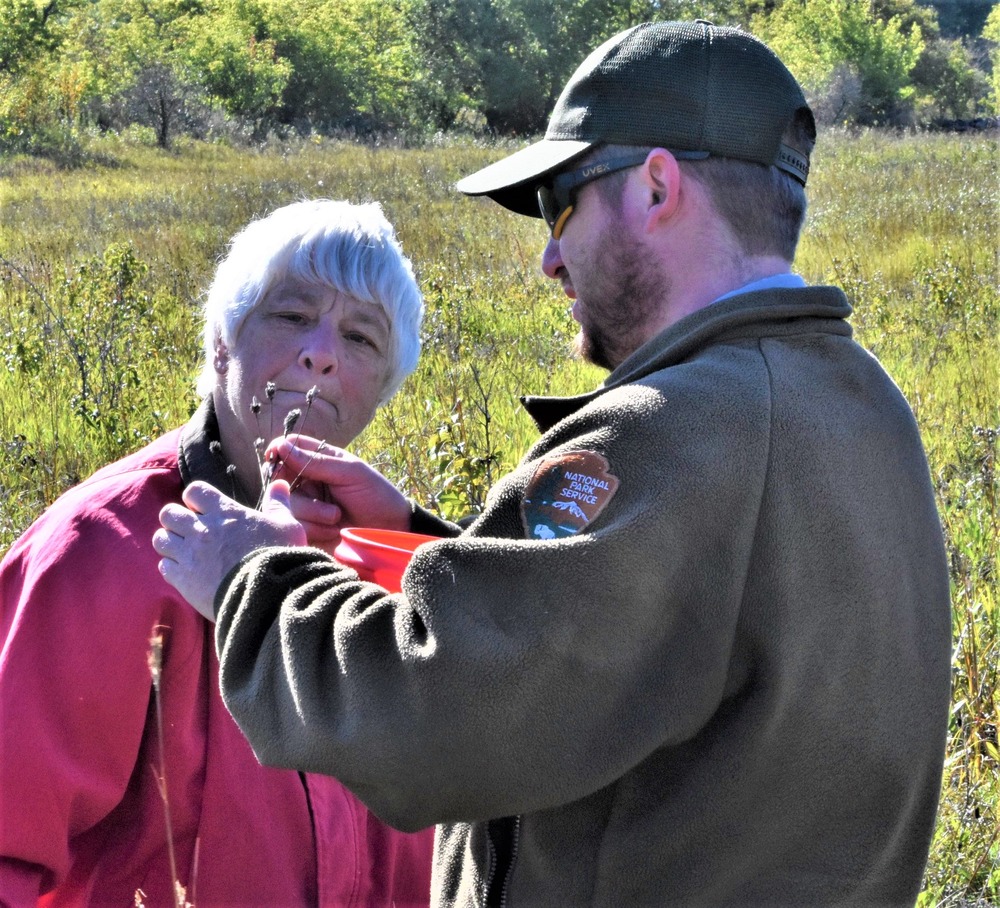 Park biologist showing seeds to a volunteer Man showing plant seeds to a woman
