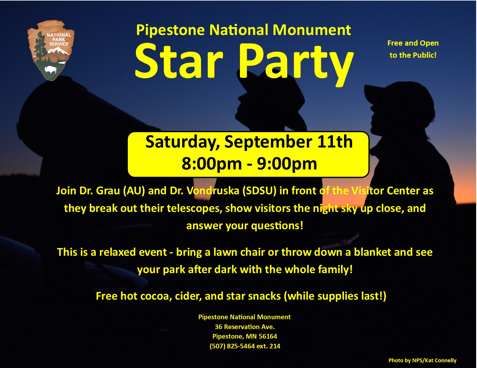 Pipestone National Monument's annual star party flyer with ranger and visitor looking to the sky in the background
