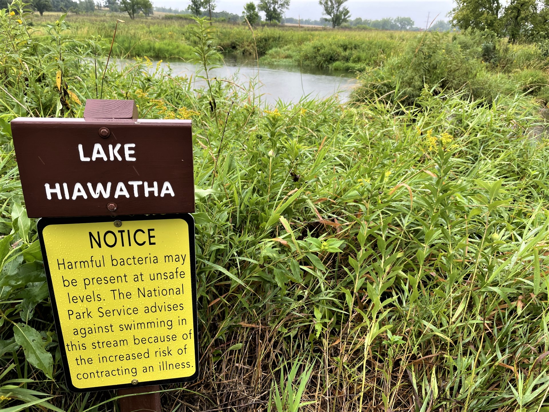 water quality sign Yellow sign in grass next to a body of water