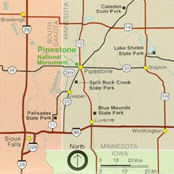 Regional map showing main highways into Pipestone, MN.