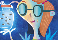 This image from National Wildlife Federation depicts a girl with glasses looking at a jar full of fireflies.