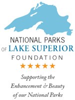 This blue on white logo features a sketch of Lake Superior and the text This blue on white logo features a sketch of Lake Superior and the text
