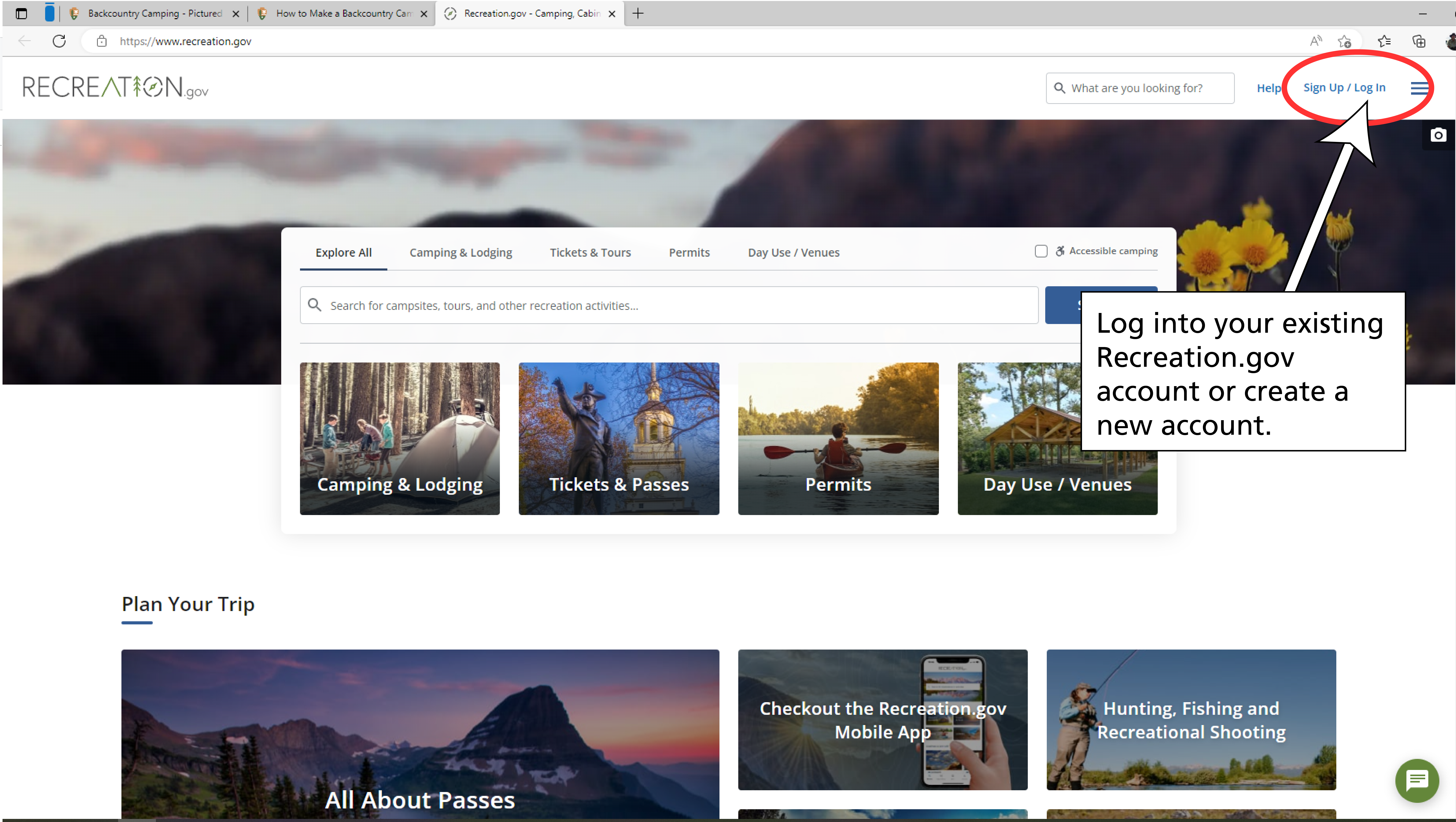 The recreation.gov homepage. The option to sign up or log in is circled. A text box reads "log into your existing recreation.gov account or create a new account".