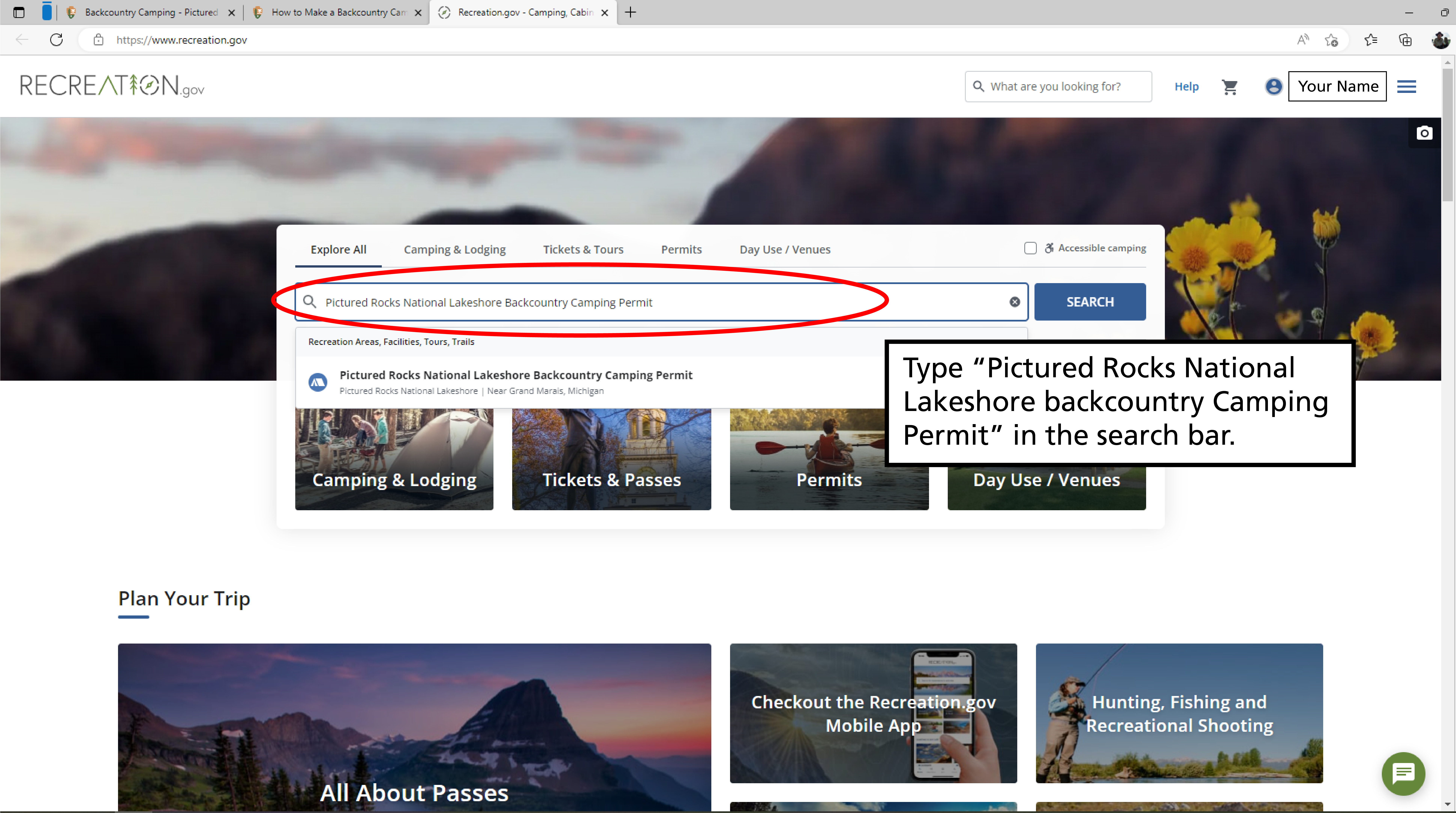 The recreation.gov homepage with a red circle around the main search bar. A text box reads "type Pictured Rocks National Lakeshore Backcountry Camping Permit" in the search bar.