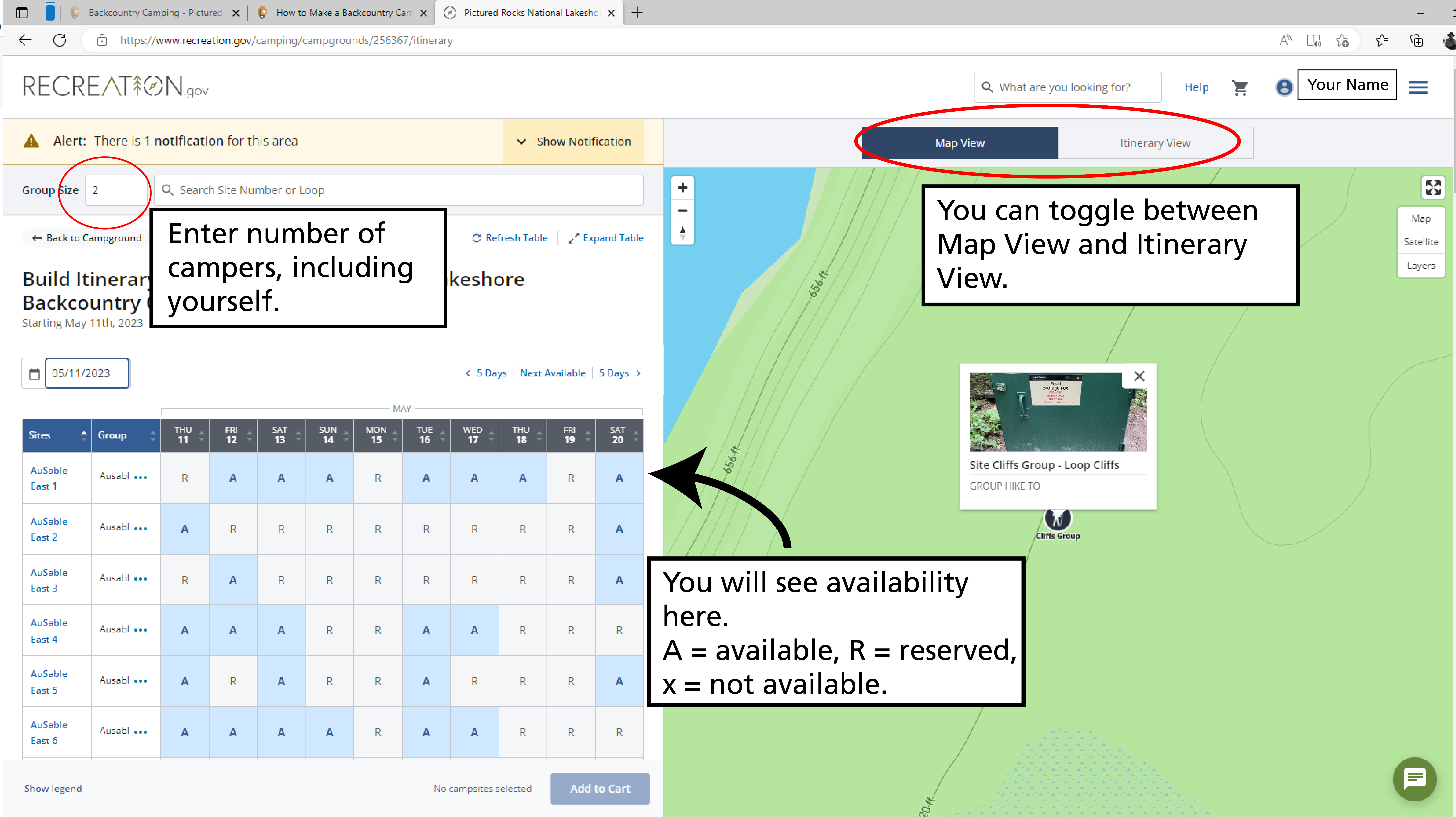 The recreation.gov page showing availability of backcountry sites. Group size is circled, enter number of campers, including yourself. Availability is shown in a grid. You can toggle between map and itinerary view.