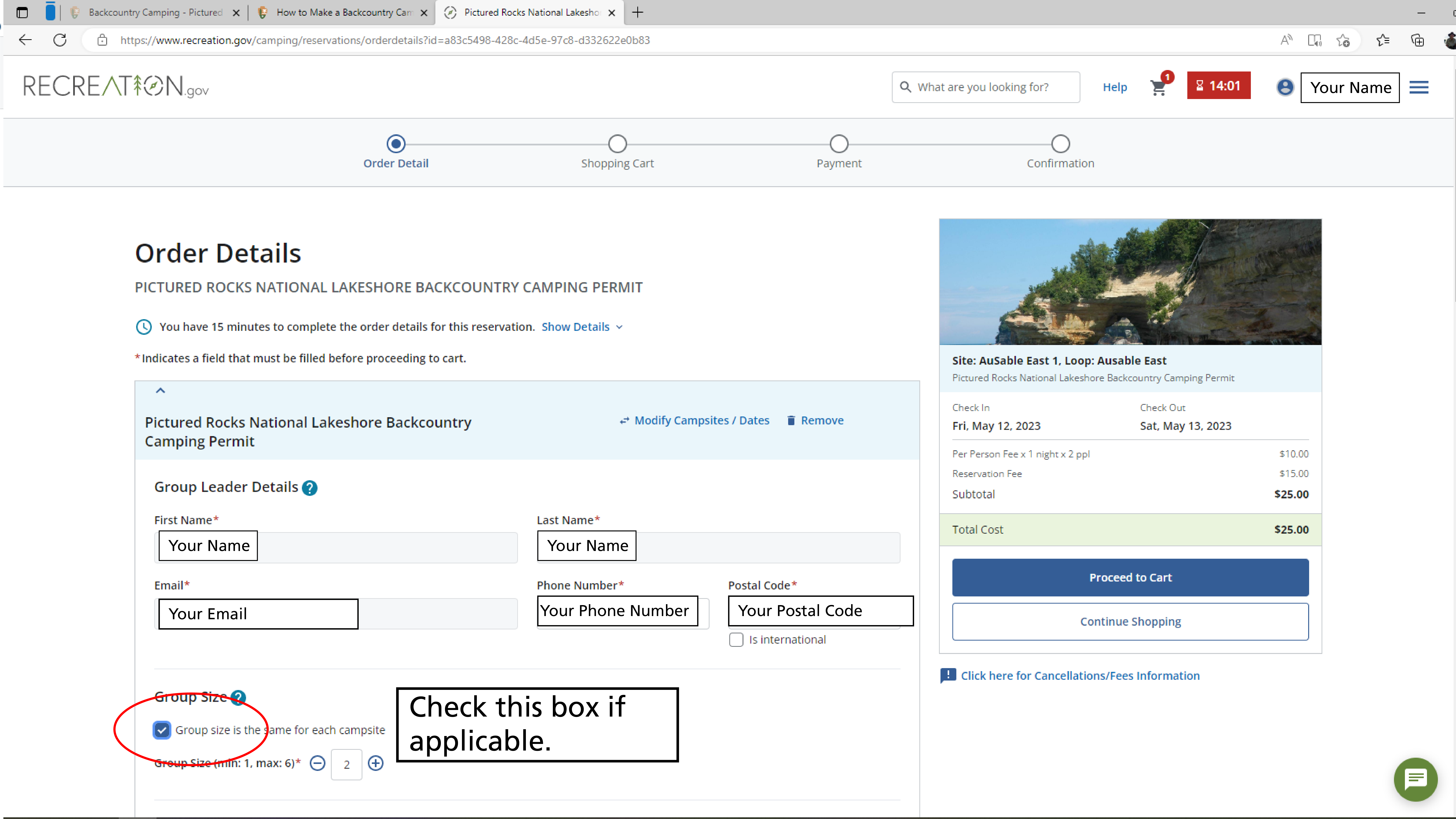 A screenshot of order details for a backcountry camping permit. All personal information has been replaced with "your information". A rec circle is around a checkbox that reads "group size is the same for each campsite". text: Check this box if applicable