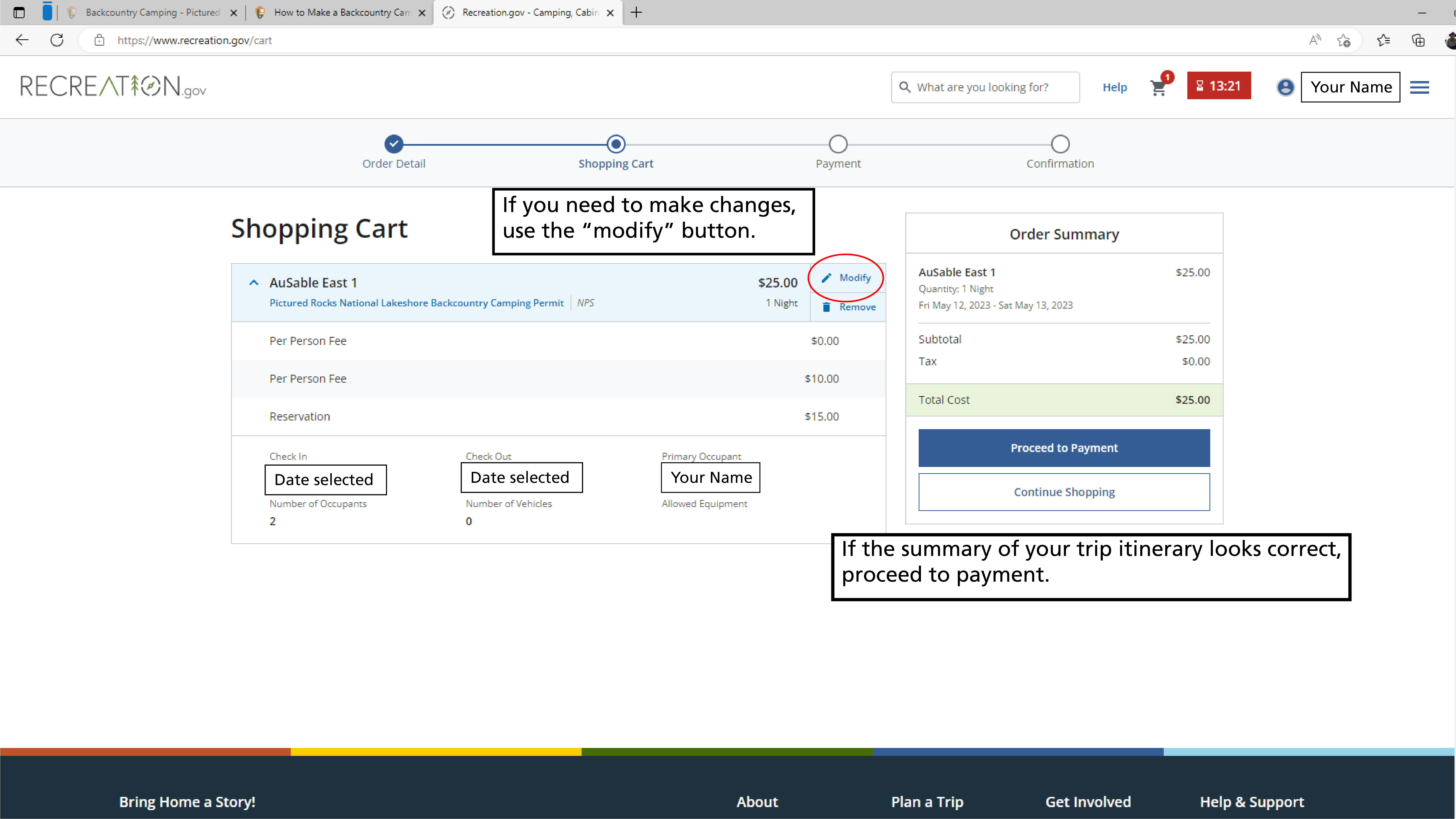 A screenshot of the recreation.gov shopping cart with the sample permit. There is an option to modify the reservation, a text box reads if you need to make changes use the modify button. If the summary of your trip looks correct proceed to payment