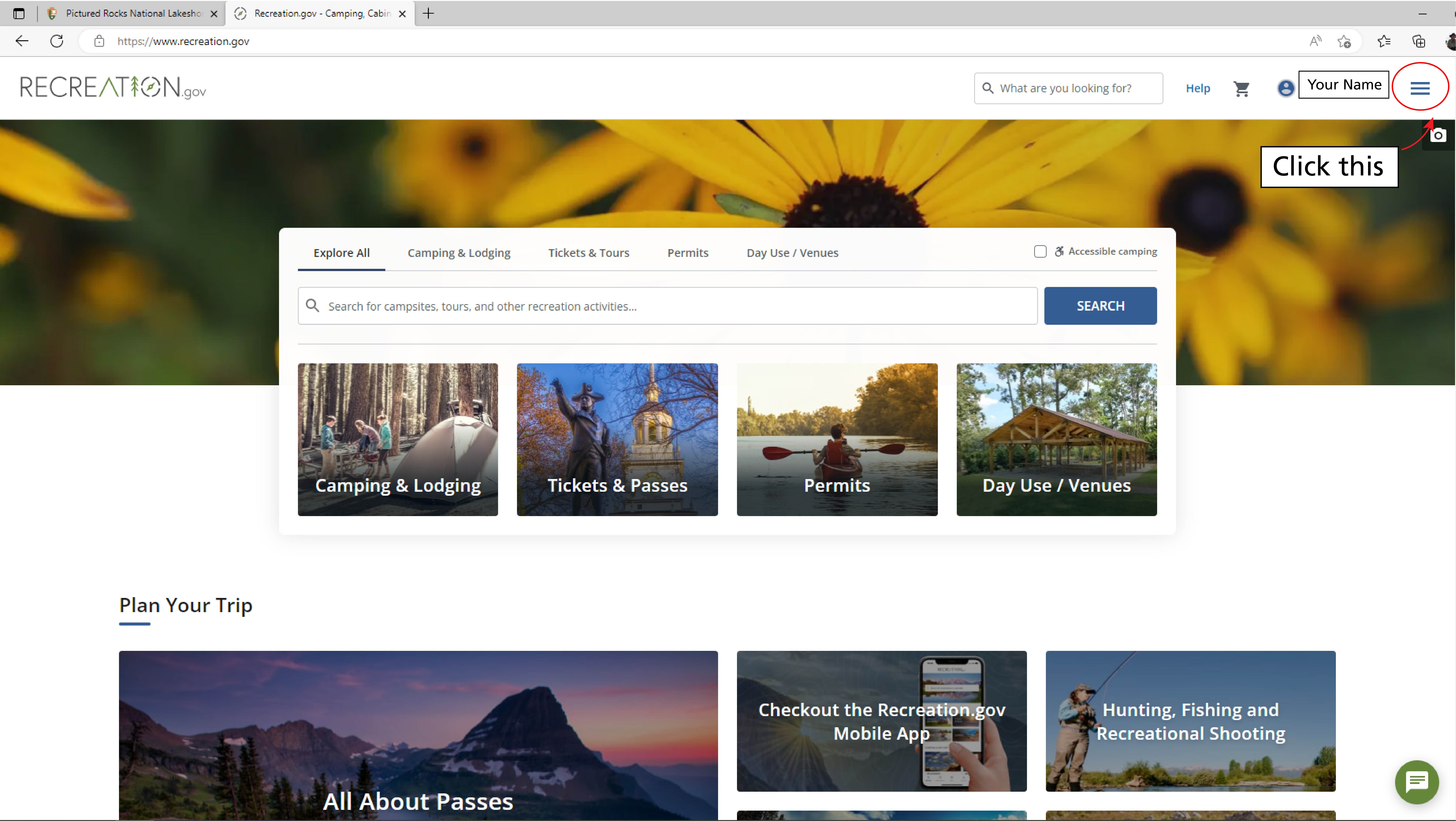the homepage of recreation.gov with a circle around three lines in the upper right corner of the screen, next to the profile. A text box reads click here.