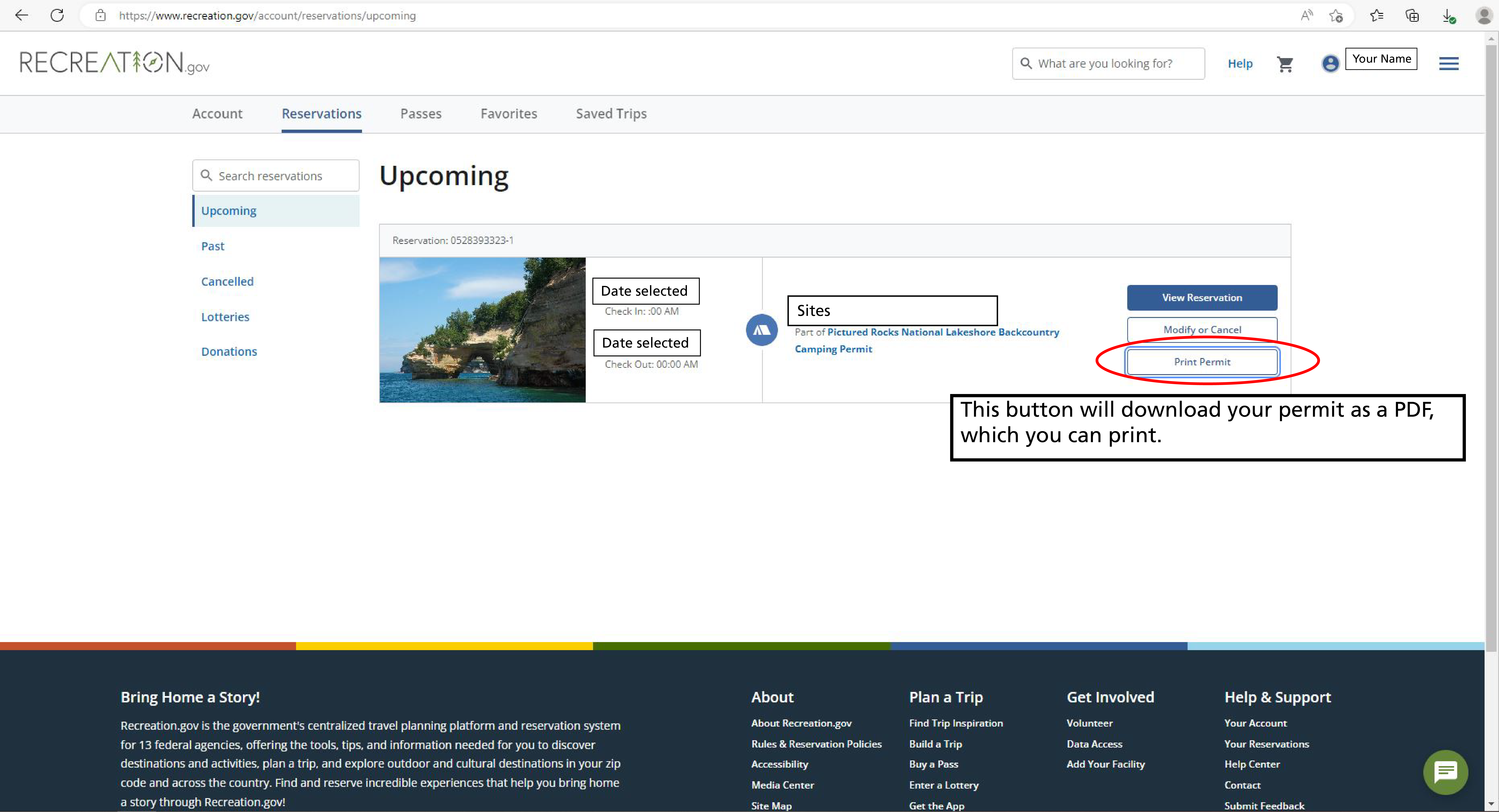 A screenshot of upcoming reservations on recreation.gov. there is a sample reservation with options to view reservations, modify or cancel reservation, or print permit. print permit is circled. this button will download your permit as a PDF to print