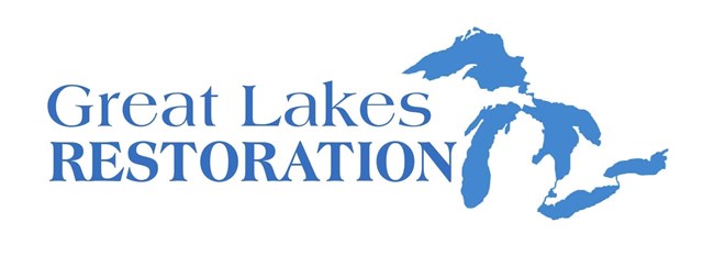 The logo of the Great Lakes Restoration Initiative. Blue text reading "Great Lakes Restoration" with an ourline of the Great Lakes.