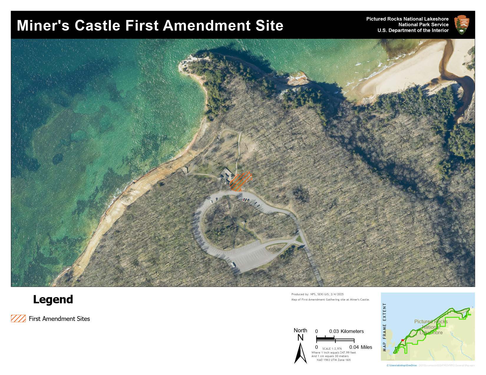 A map displaying the First Amendment demonstration sites at Miners Castle. The sites are on the southeast side of the pavilion structure.