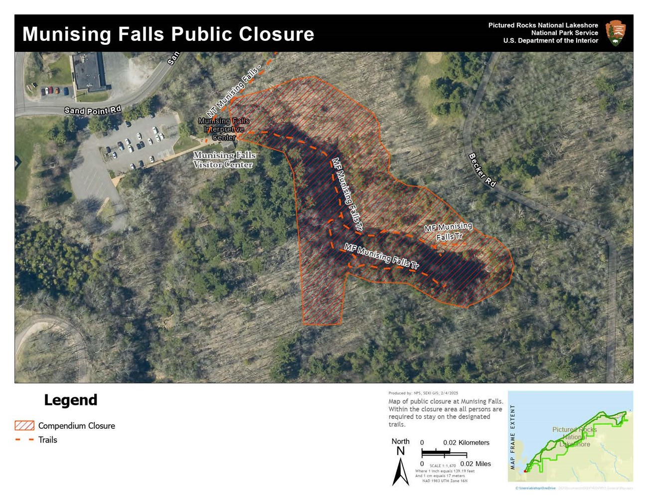 A map displaying the public closure area of Munising Falls. The entire Munising Falls canyon with the exception of trails is closed to the public.