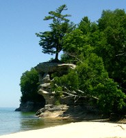 A lone pine tree survives atop the sandstone formation called Chapel Rock. A lone pine tree survives atop the sandstone formation called Chapel Rock.