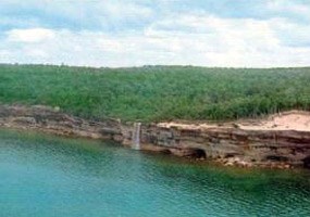 This aerial view of Spray Falls and the Pictured Rocks cliffs was taken from a small airplane. This aerial view of Spray Falls and the Pictured Rocks cliffs was taken from a small airplane.