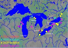 This aerial map of the Great Lakes depicts locations of VHS outbreaks.