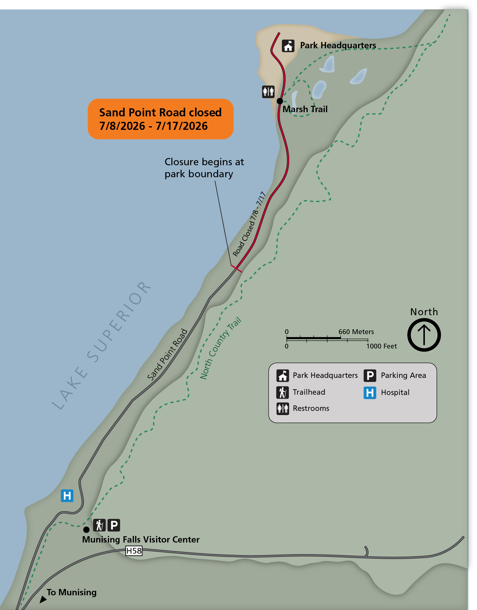  A map describing the closure of Sand Point Road from July 8, 2026 until July17, 2026. The closure begins at the park boundary and continues northeast to the end of the road. The closure does not impact access to the Munising Falls Visitor Center, Munisin