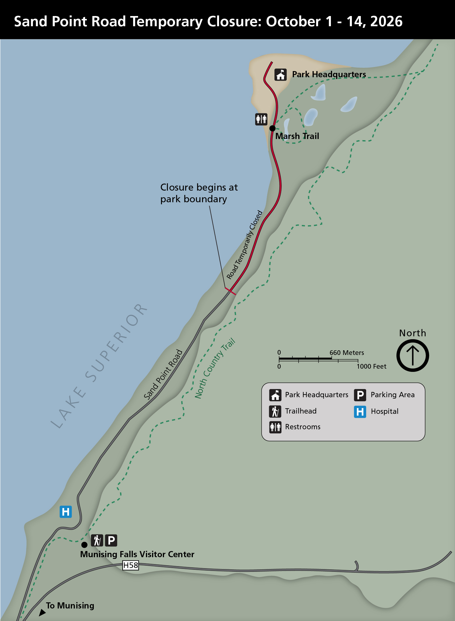 A map describing the temporary closure of Sand Point Road October 1 - 14, 2026. The closure begins at the park boundary and continues northeast to the end of the road. The closure does not impact access to the Munising Falls Visitor Center, Munising Memor