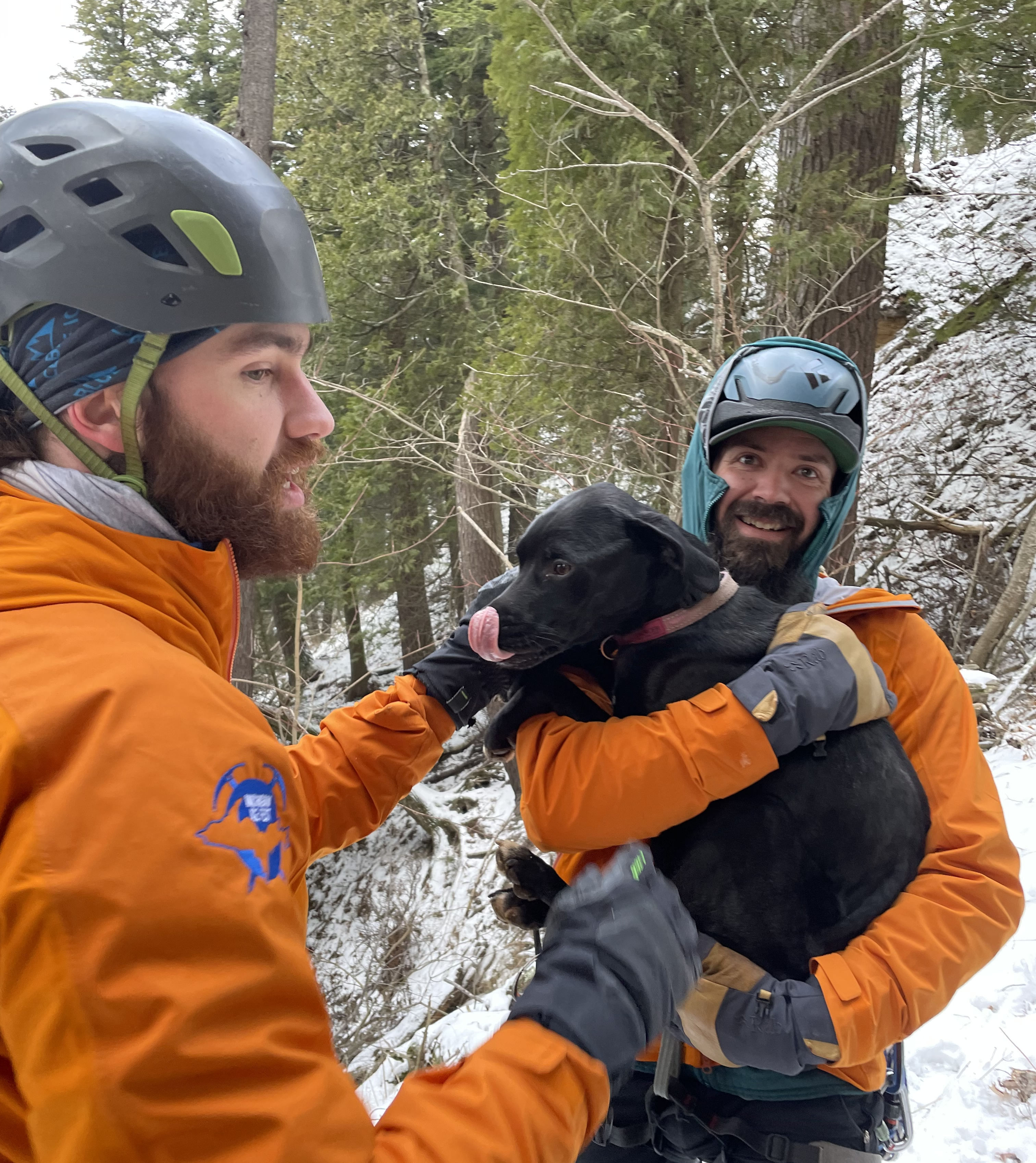 A black dog is held by two rescuers.