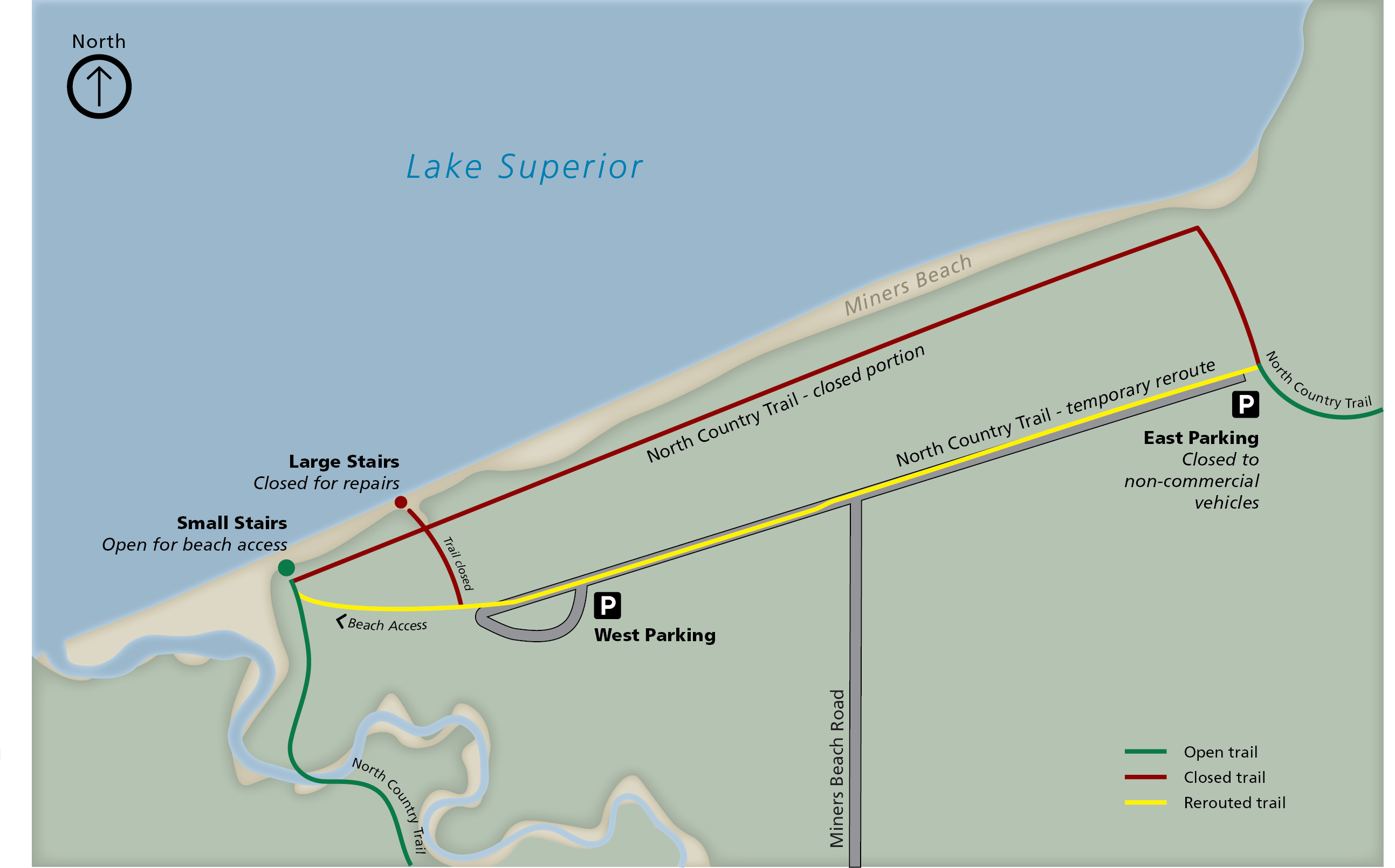 A map showing closure area of Miners Beach. The North Country Trail is closed for about a mile along the beach, it is rerouted through the parking area. The large stairs are closed, but there is a smaller set of stairs just southwest of the closed stairs.
