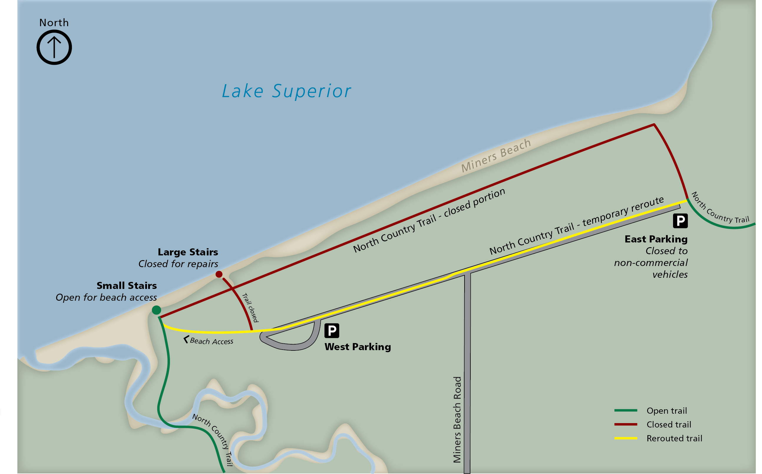 Miners Beach Reroute A map showing closure area of Miners Beach. The North Country Trail is closed for about a mile along the beach, it is rerouted through the parking area. The large stairs are closed, but there is a smaller set of stairs just southwest of the closed stairs.