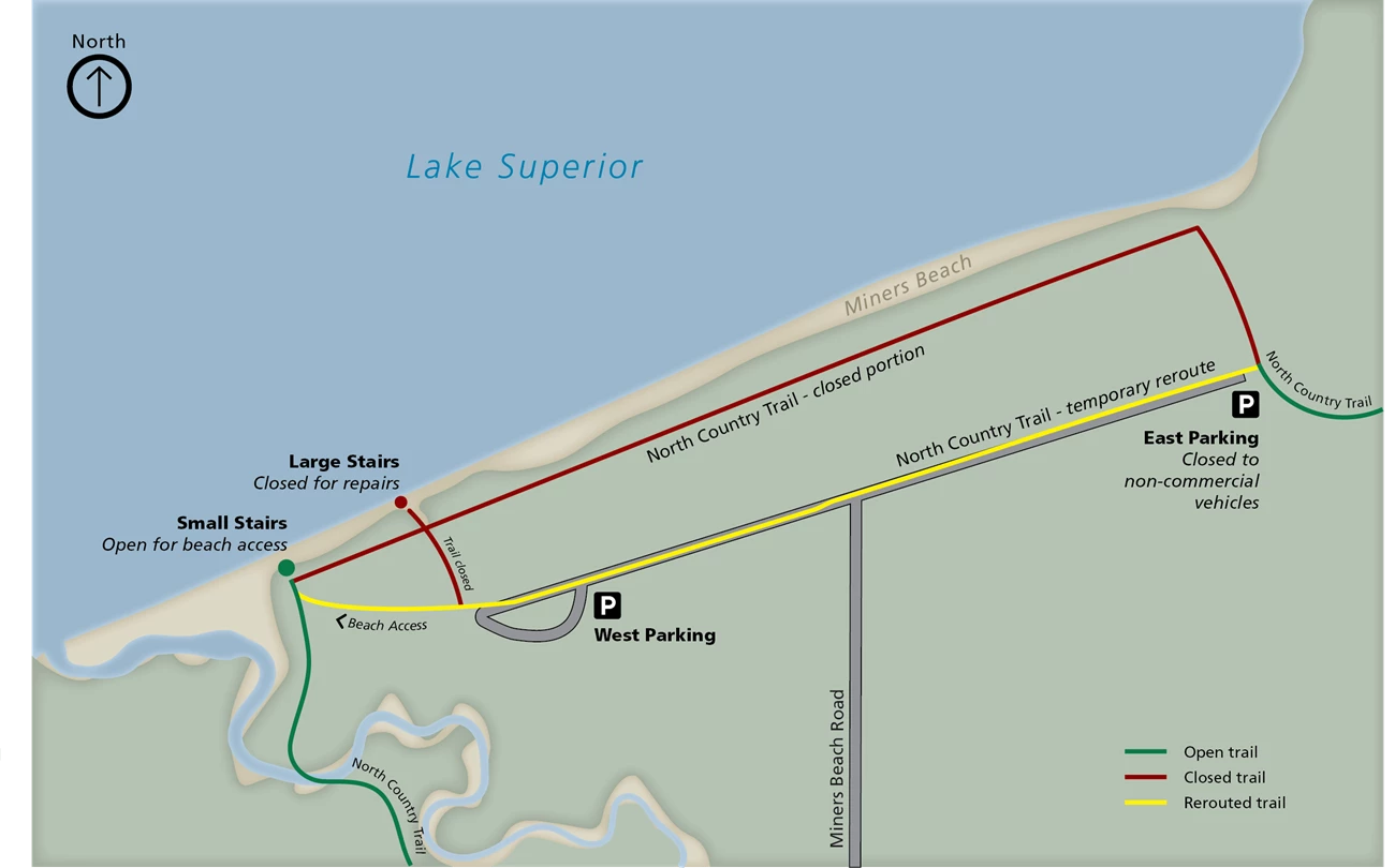 Miners Beach Reroute A map showing closure area of Miners Beach. The North Country Trail is closed for about a mile along the beach, it is rerouted through the parking area. The large stairs are closed, but there is a smaller set of stairs just southwest of the closed stairs.