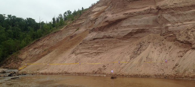 The Grand Sable Dunes are undercut and eroding into Sable Creek (left) and Lake Superior.