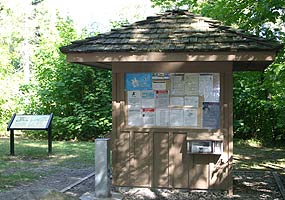 This bulletin board provides information to visitors at Little Beaver Lake Campground. This bulletin board provides information to visitors at Little Beaver Lake Campground.