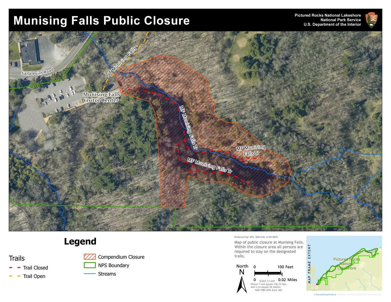 Munising Falls Trail Closure Map 20250429 A map showing closures within the Munising Falls area. The entire canyon, including the trail, is closed to the public.