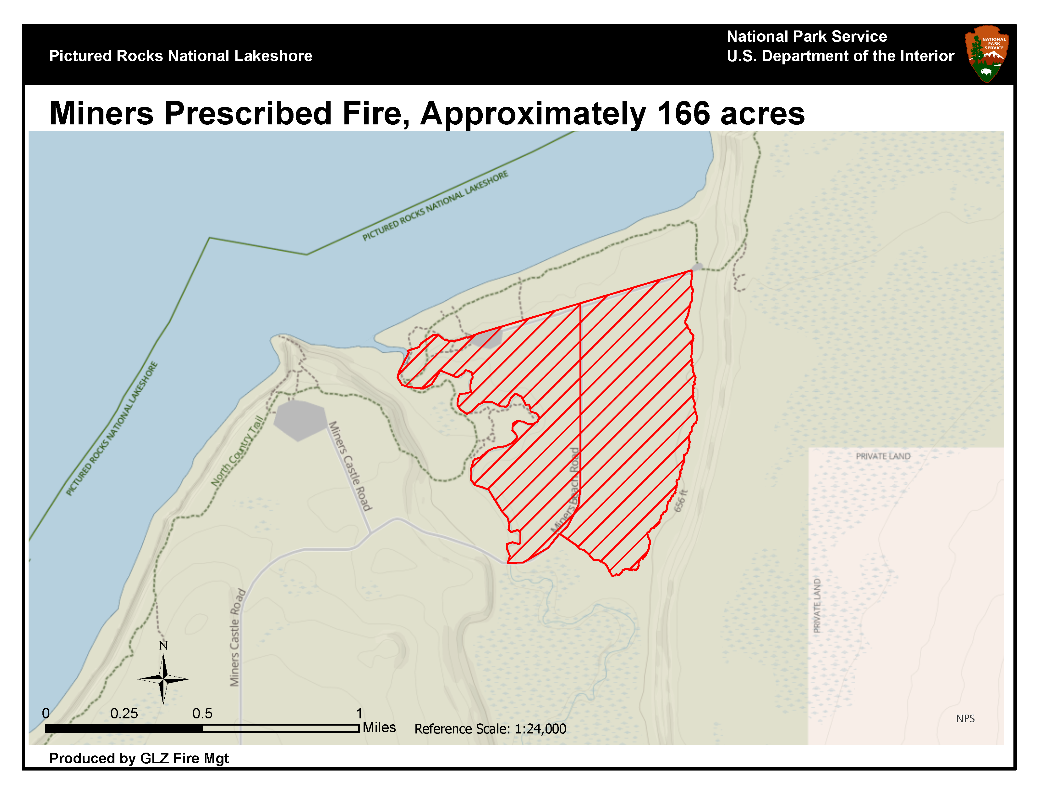 A map illustrating the area of an upcoming prescribed fire in the Miners area of Pictured Rocks National Lakeshore. The area slated to be burned is denoted with diagonal red shading, it begins near the first major curve in Miners Beach Road, as the road t