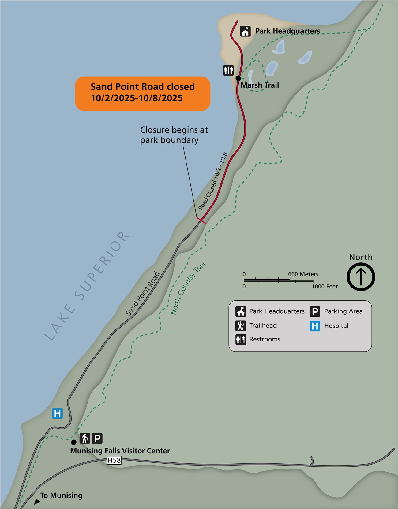 Sand Point Road Closure 10.2 Map showing the closure of Sand Point Road. The closure begins approximately halfway up Sand Point Road and continues to the end of the road. The Marsh Trail and Park Headquarters are inaccessible via Sand Point Road.