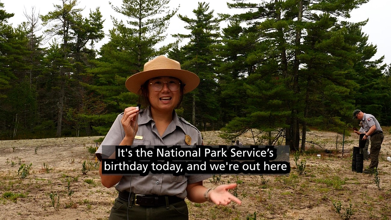 A ranger stands in a field with trees with the text: "it's the National Park Service's Birthday and we're out here"