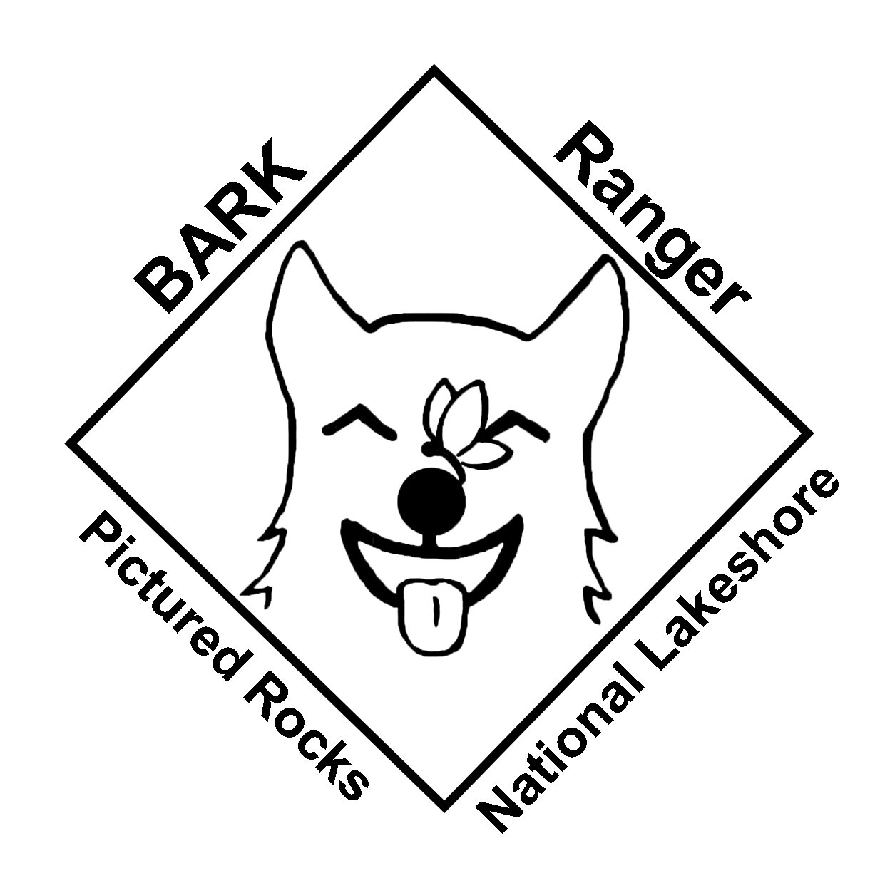 Diamond shaped logo with a dog's face inside and a butterfly on his nose.