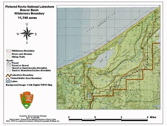 Map with legend shows the boundaries of the Beaver Basin Wilderness at Pictured Rocks National Lakeshore.
