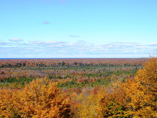 View of Beaver Basin forests in autumn and Lake Superior in distance from overlook