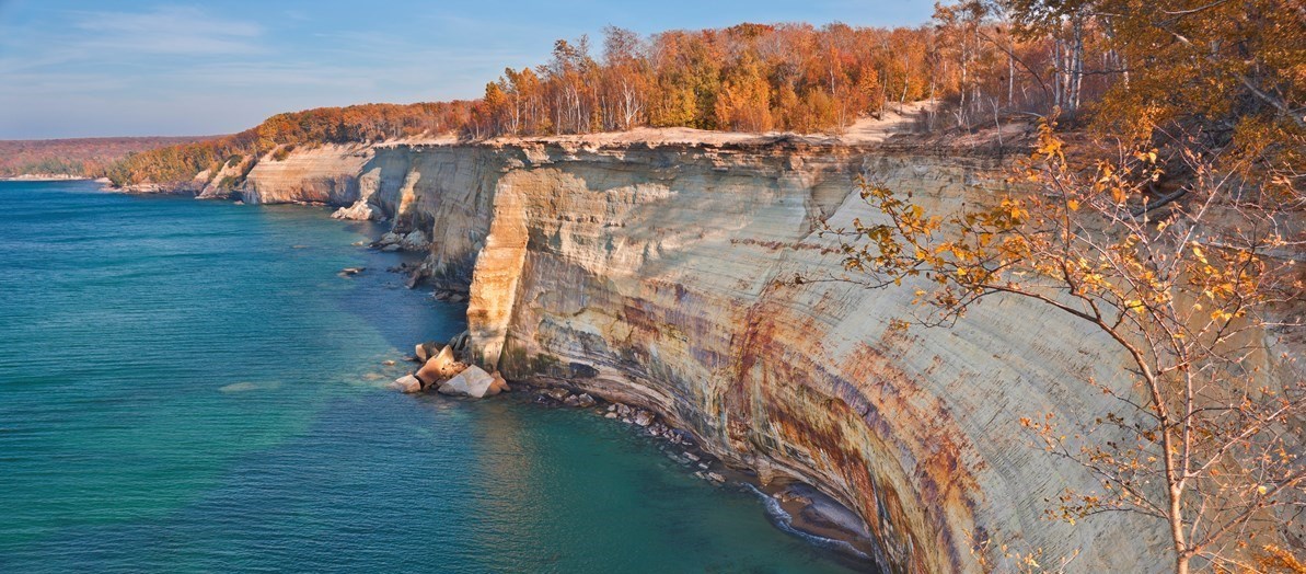 Pictured Rocks cliffs in autumn viewed from the North Country Scenic Trail.
