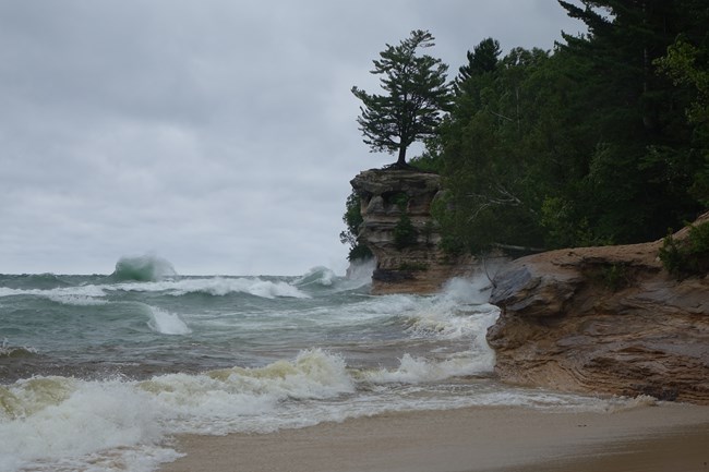 Lake Superior waves cresting and crashing along Chapel Rock and Chapel Beach