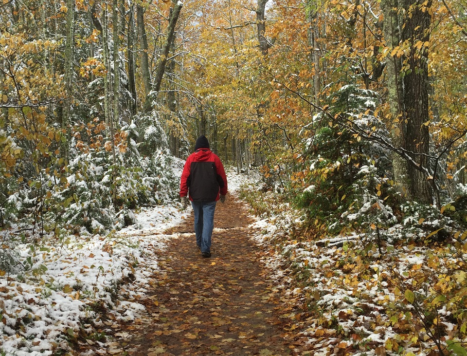 Hiking in the Fall with a little bit of snow of the ground Hiking in the Fall with a little bit of snow of the ground