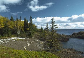 The rocky shore at Isle Royale National Park is on the way to Scoville Point.