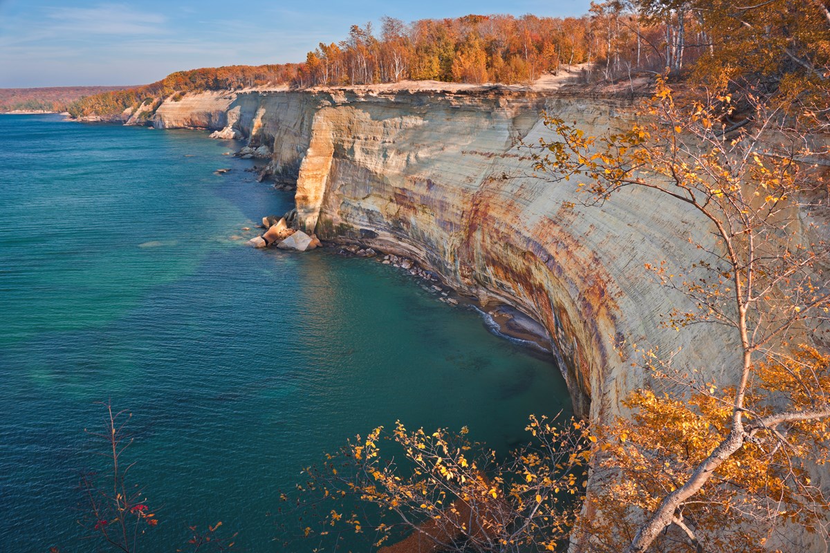 View of the cliffs in the fall from the North Country Trail