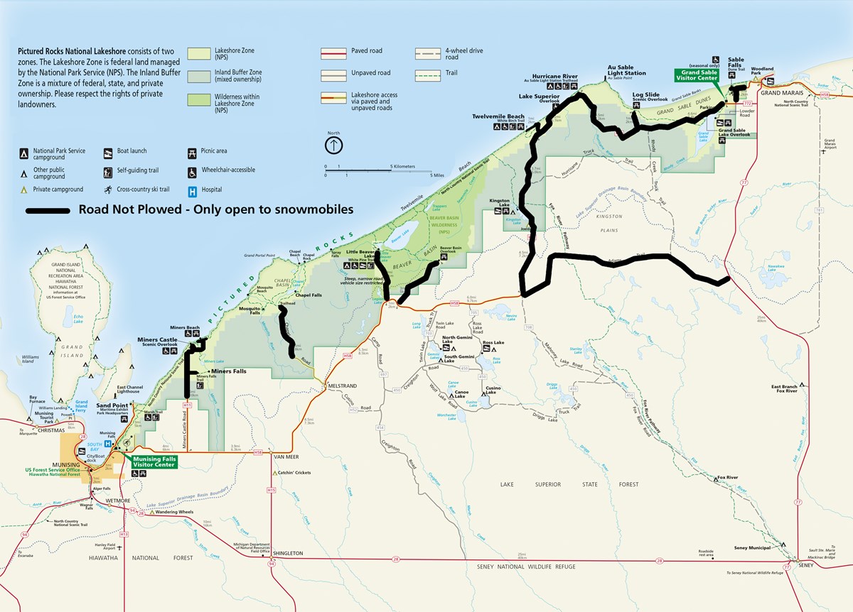 Pictured Rocks National Lakeshore map showing winter road closures