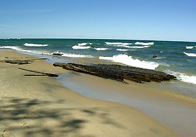 The remains of a shipwreck on the beach between Hurricane River and the Au Sable Light Station.