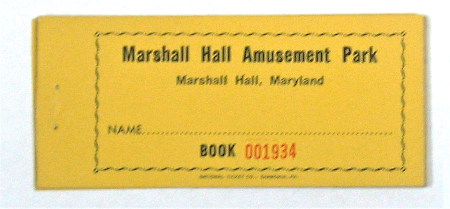 A yellow rectangular ticket which reads "Marshall Hall Amusement Park Marshall Hall Maryland No 001934"