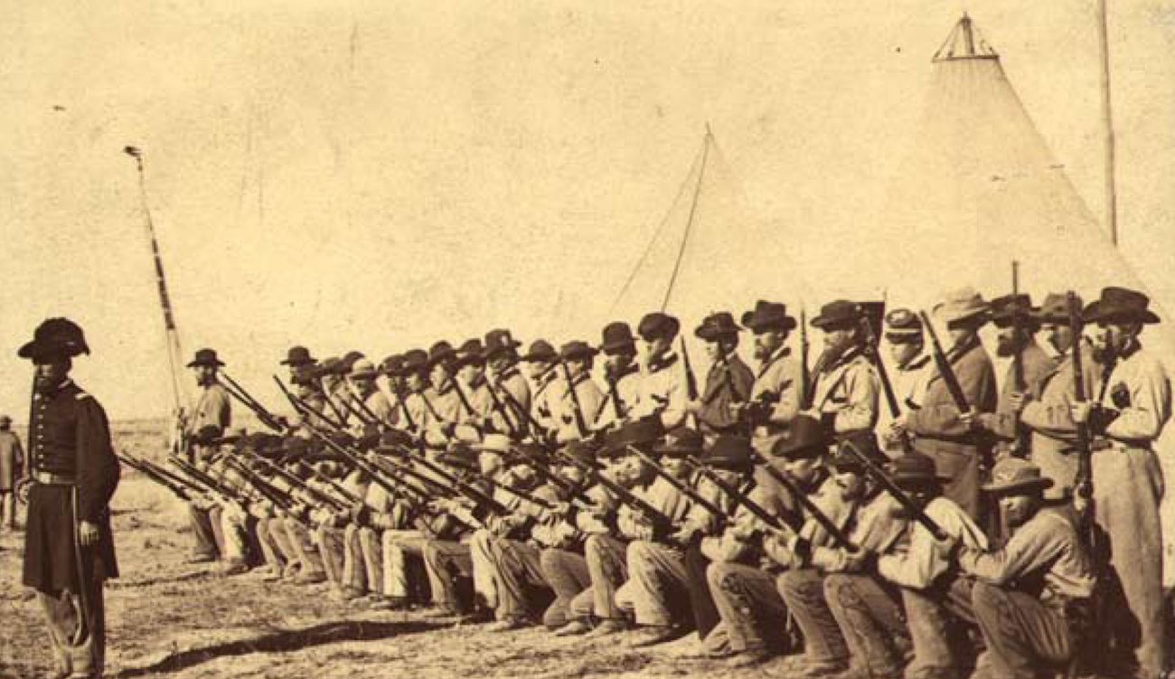 Nauvoo Legion militiamen at regimental muster, 1865.