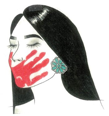 A drawing of a Native woman with a red handprint covering her mouth