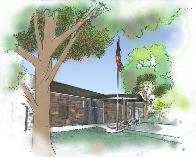 A watercolor painting of the Visitor Center at Pipe Spring